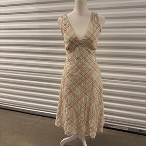Putumayo Dress Womens M Cream Plaid Mori Girl Crinkle Cottagecore Boho V‎ Neck